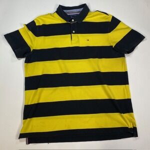 Tommy Hilfiger Men's Custom Fit Striped Rugby Polo Shirt Yellow Navy XL